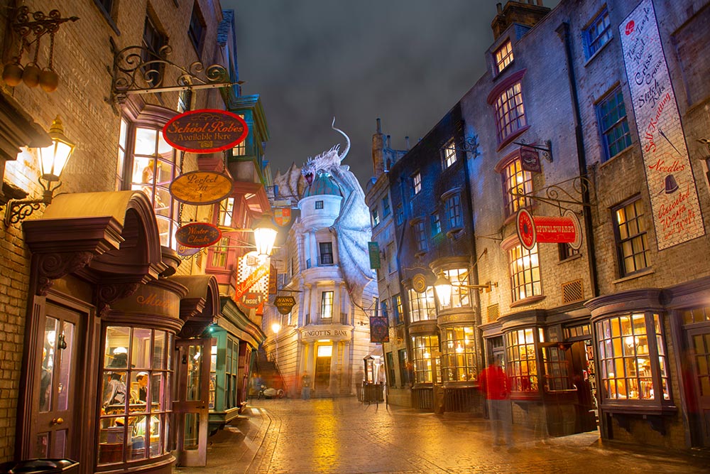 Diagon Alley at night in the Wizarding World of Harry Potter in Universal Orlando, Florida, USA.